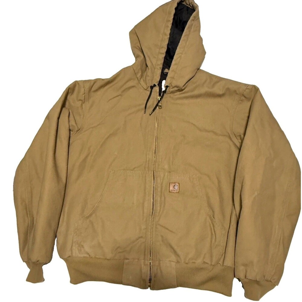 Carhartt J280 CML Hooded Quilted Full Zip Camel Brown Cotton Canvas Jacket SZ L